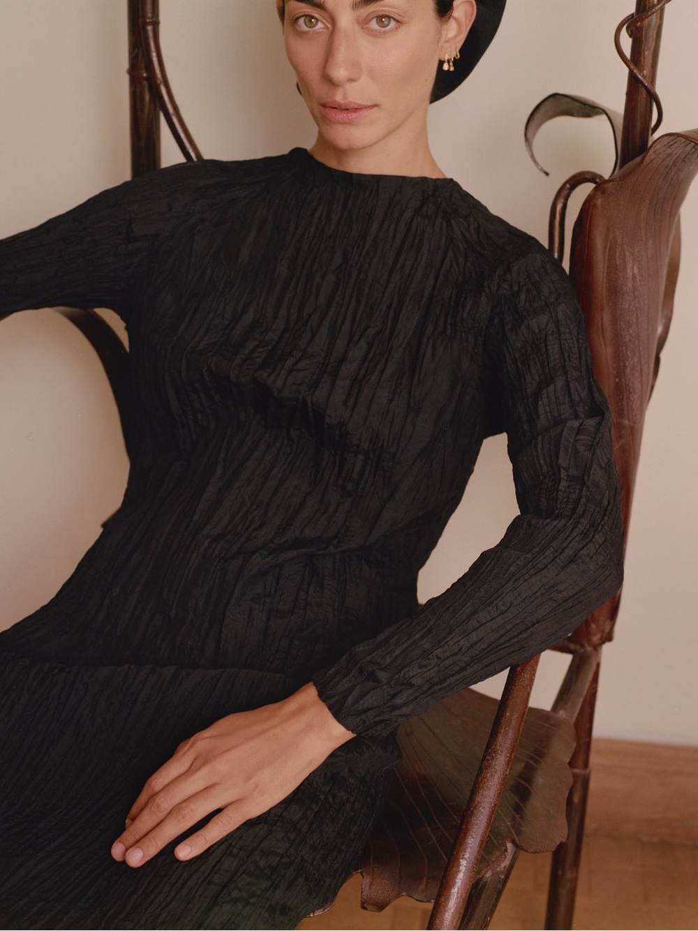 Textured Black Long-Sleeve Midi Dress